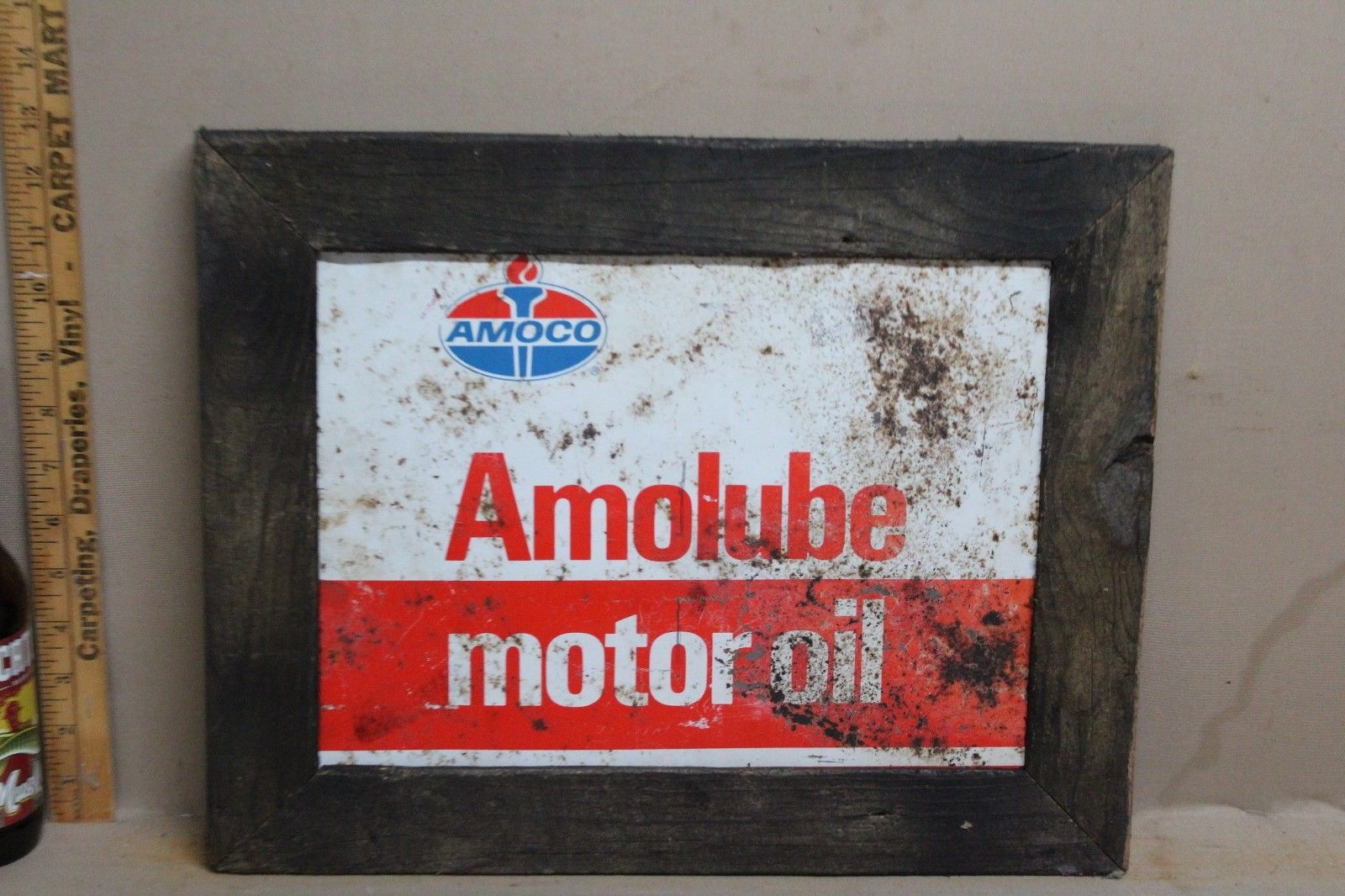 1960's AMOCO AMOLUBE OIL METAL SIGN IN WOOD FRAME SIGN GAS OIL GARAGE FORD