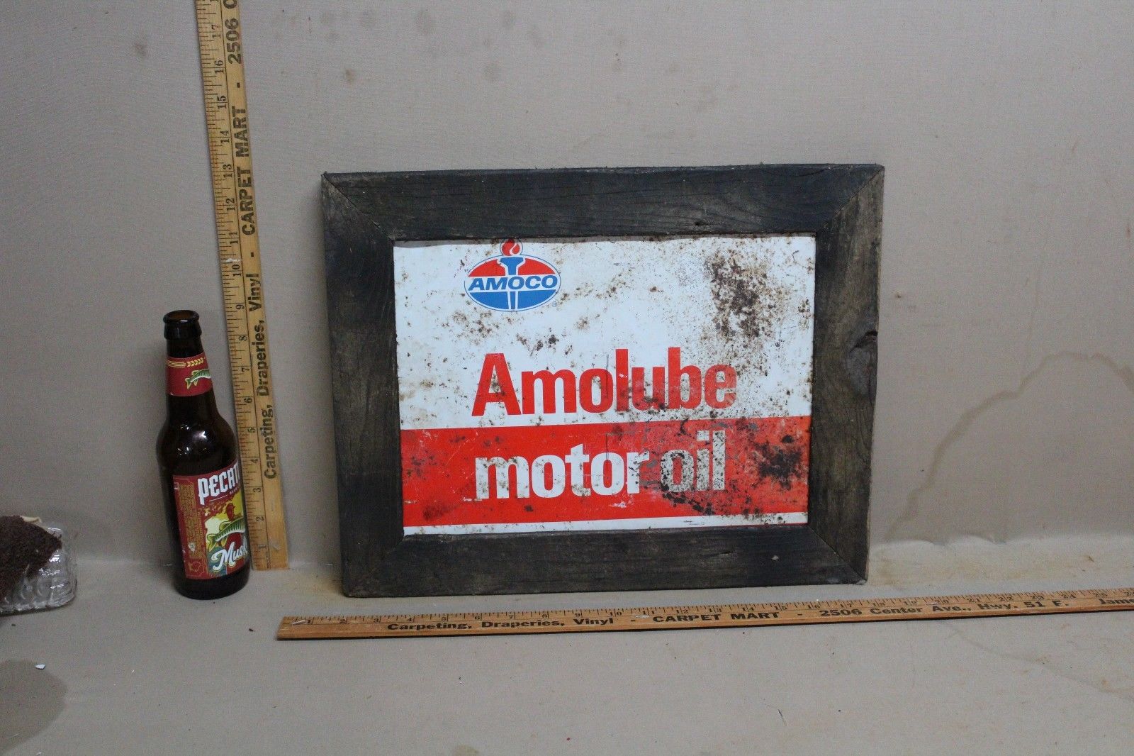 1960's AMOCO AMOLUBE OIL METAL SIGN IN WOOD FRAME SIGN GAS OIL GARAGE FORD