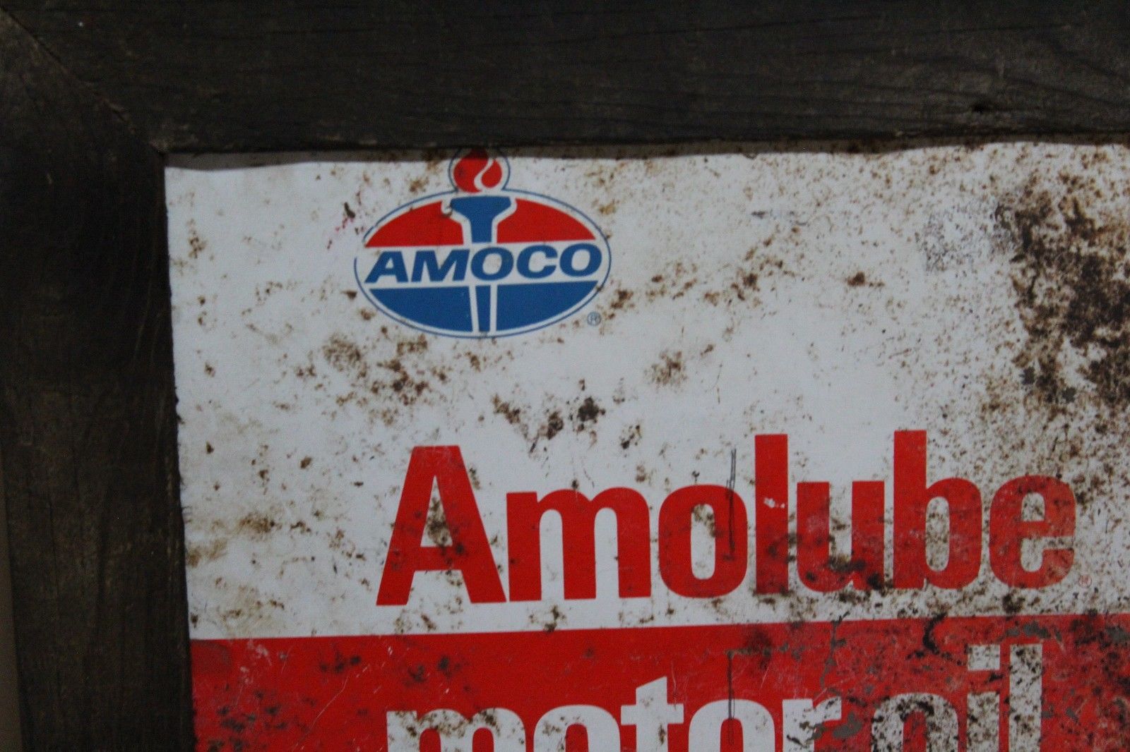 1960's AMOCO AMOLUBE OIL METAL SIGN IN WOOD FRAME SIGN GAS OIL GARAGE FORD