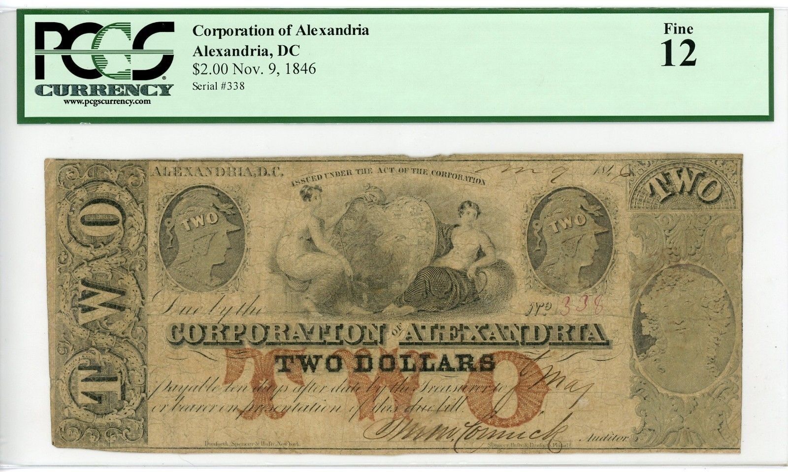 1846 $2 The Corporation of Alexandria, D.C. Note - PCGS Graded Fine 12