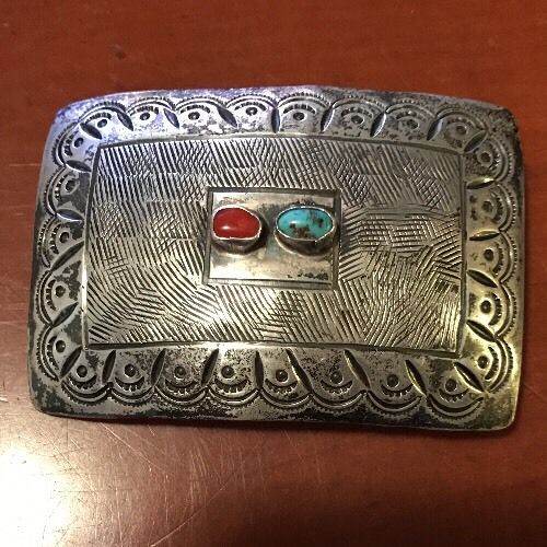 VINTAGE J.S. NAVAJO STERLING SILVER TURQUOISE & CORAL Men's BELT BUCKLE ESTATE