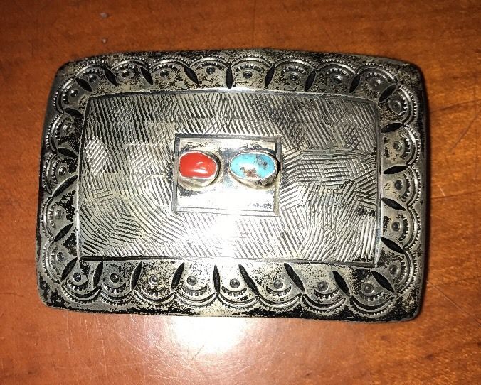 VINTAGE J.S. NAVAJO STERLING SILVER TURQUOISE & CORAL Men's BELT BUCKLE ESTATE