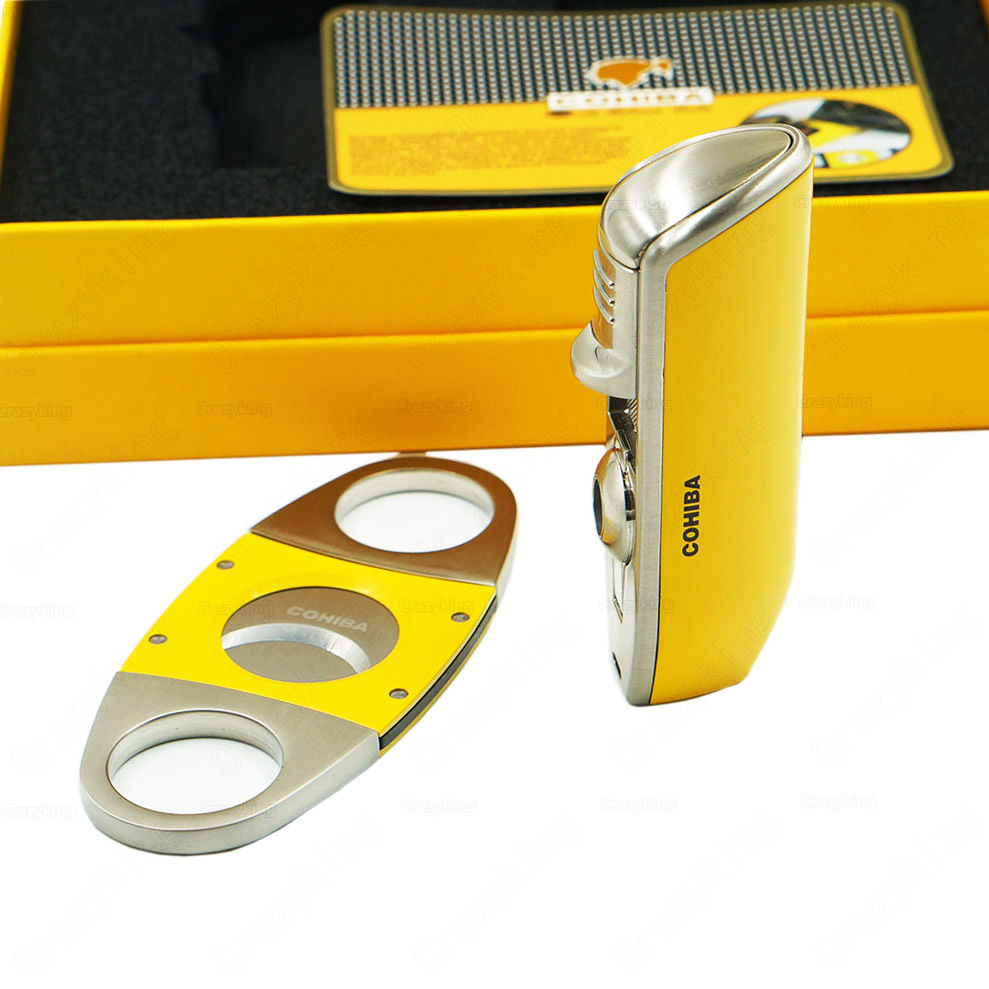 COHIBA Yellow Metal 3 Torch Jet Flame Cigar Lighter With Punch Smooth Cutter Set