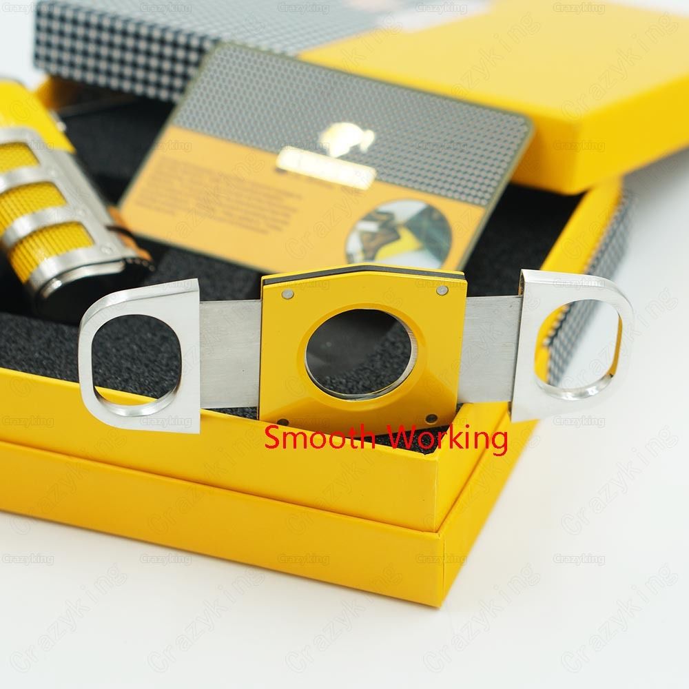 COHIBA Yellow Metal 3 Torch Jet Flame Cigar Lighter With Punch Smooth Cutter Set