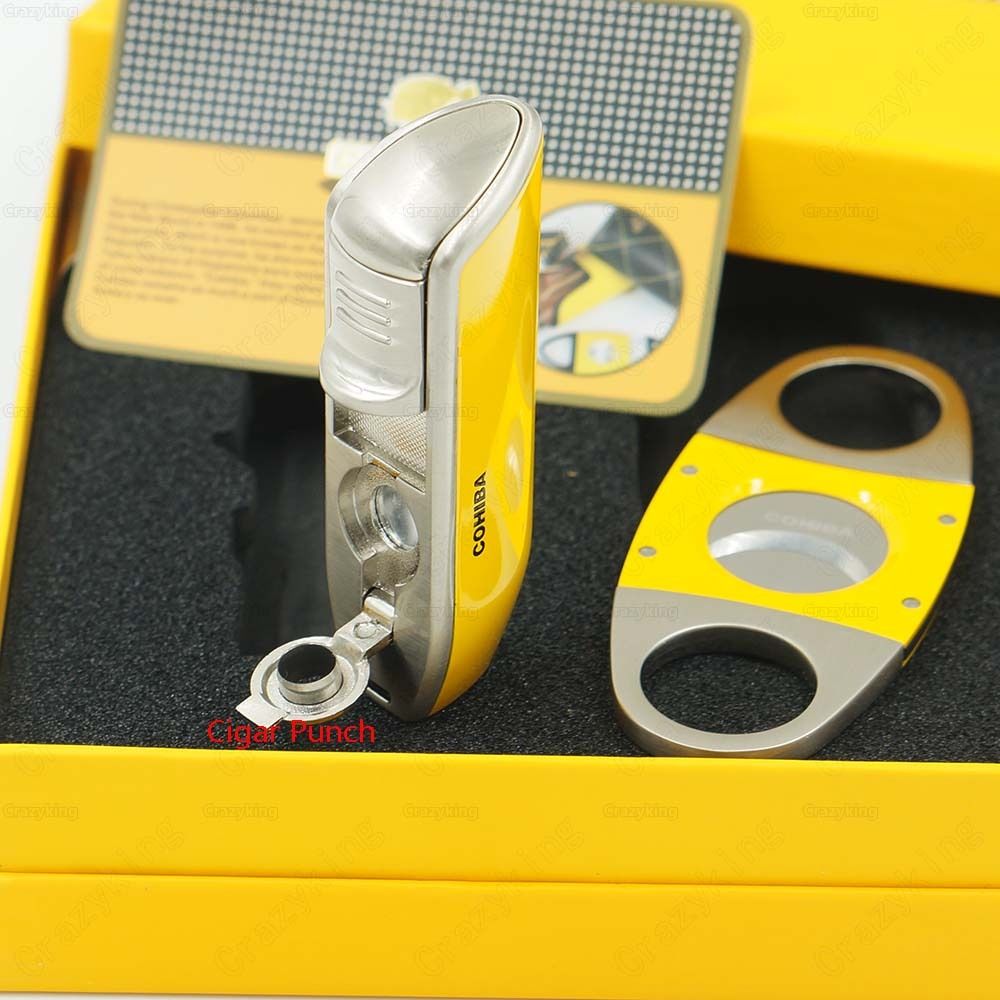 COHIBA Yellow Metal 3 Torch Jet Flame Cigar Lighter With Punch Smooth Cutter Set