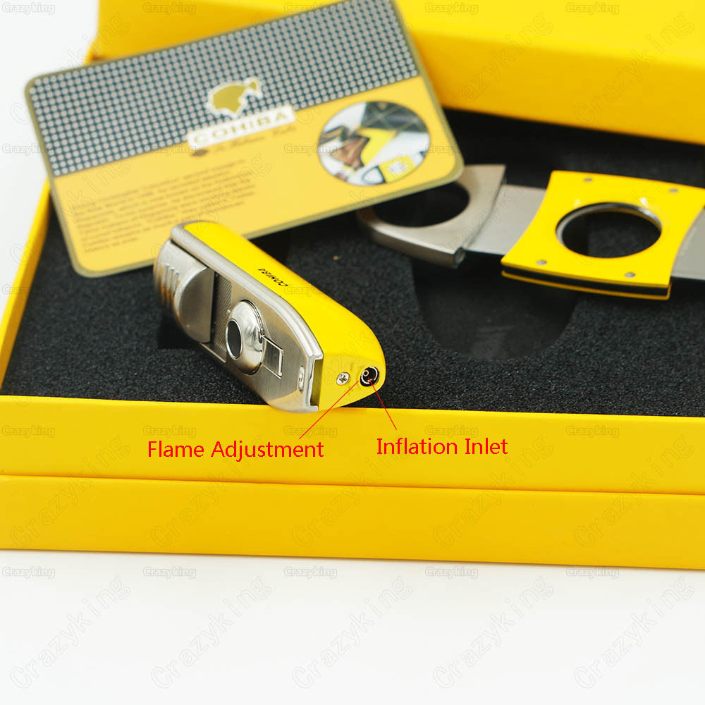 COHIBA Yellow Metal 3 Torch Jet Flame Cigar Lighter With Punch Smooth Cutter Set