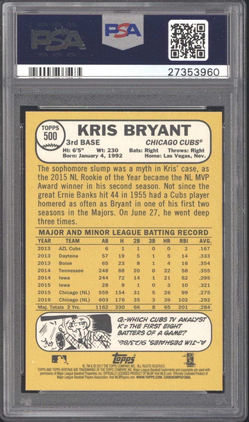 KRIS BRYANT PSA 10 2017 TOPPS HERITAGE BASEBALL #500 CUBS MVP GEM MINT