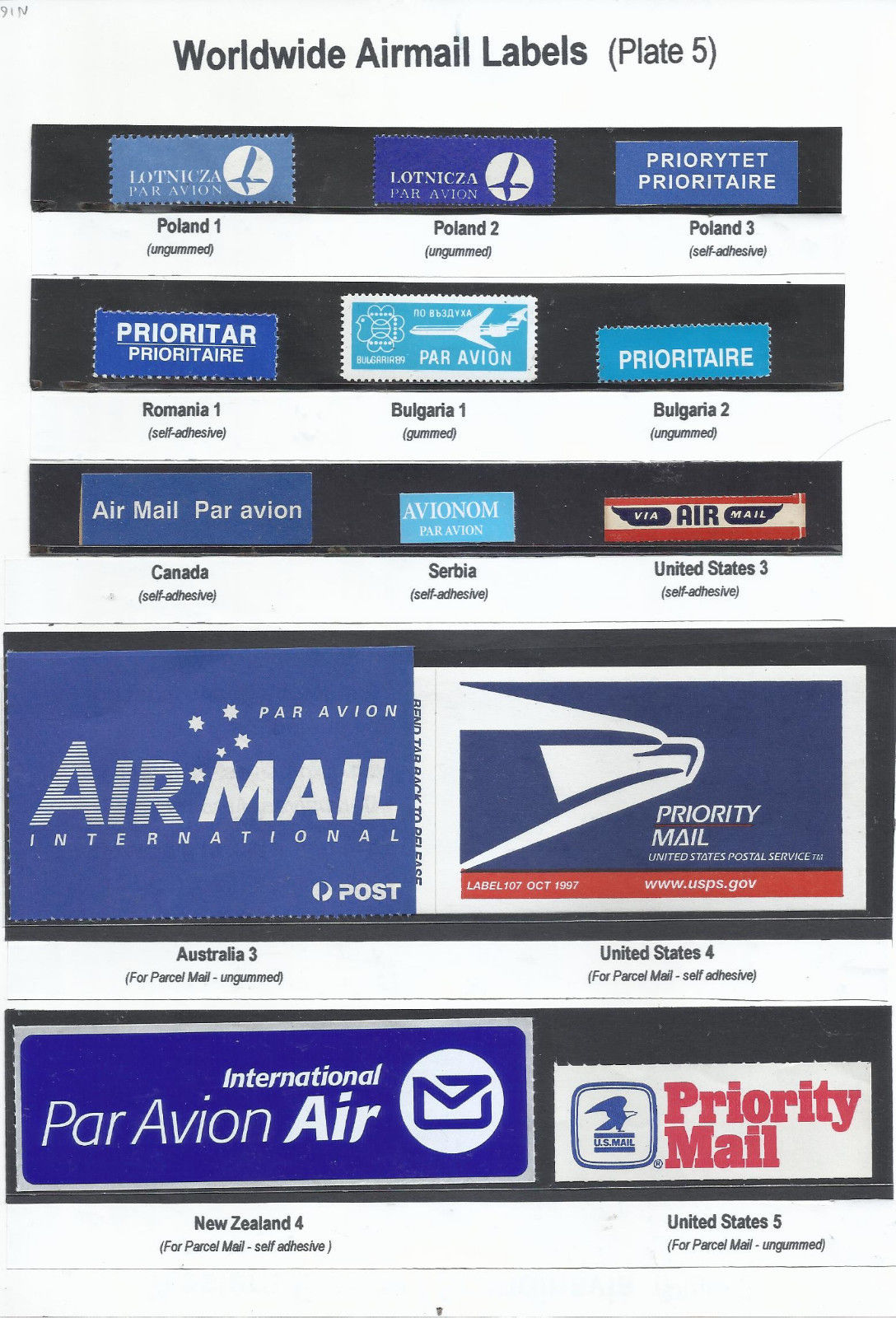 5 PIECES OF UNUSED WORLDWIDE AIRMAIL LABELS COLLECTION  (JL06)