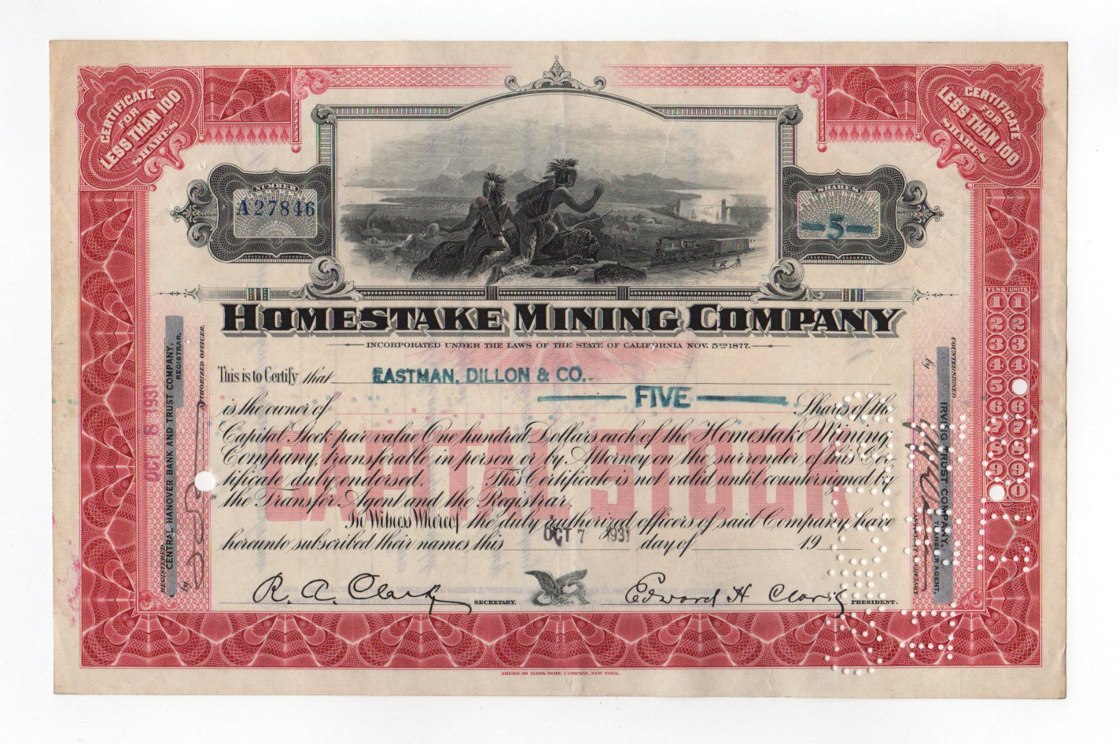 Homestake Mining Company Stock Certificate