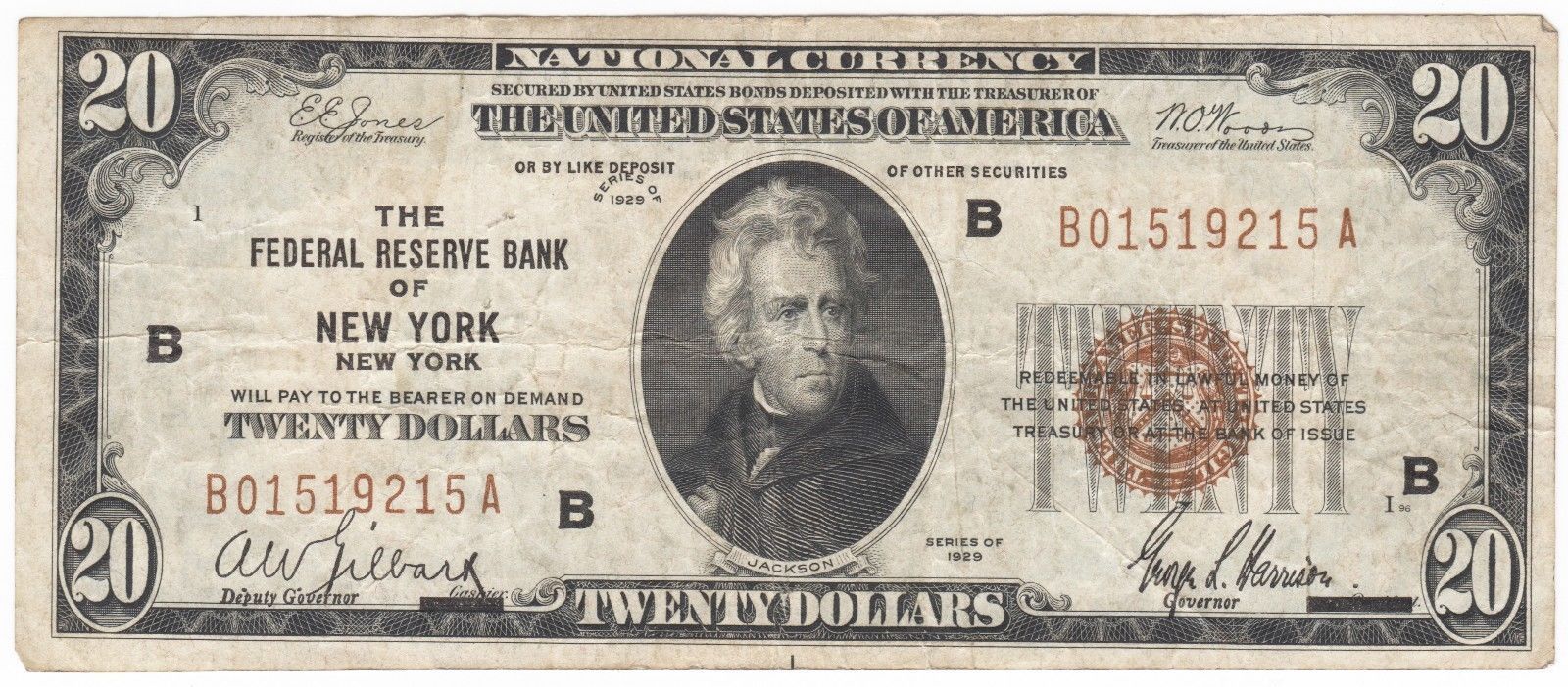 1929 BROWN SEAL NEW YORK TWENTY DOLLAR BILL NATIONAL CURRENCY