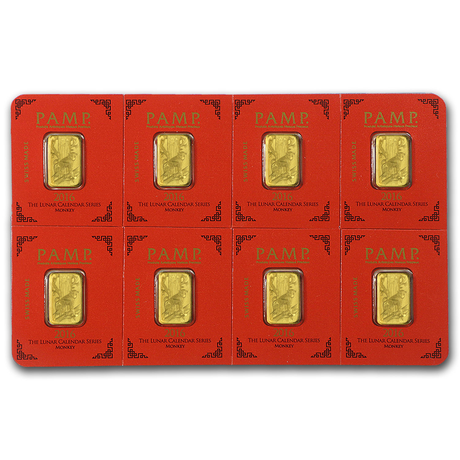 8x1 gram Gold Bar PAMP Suisse Lunar Monkey Multigram+8 (In Assay) - SKU #96833