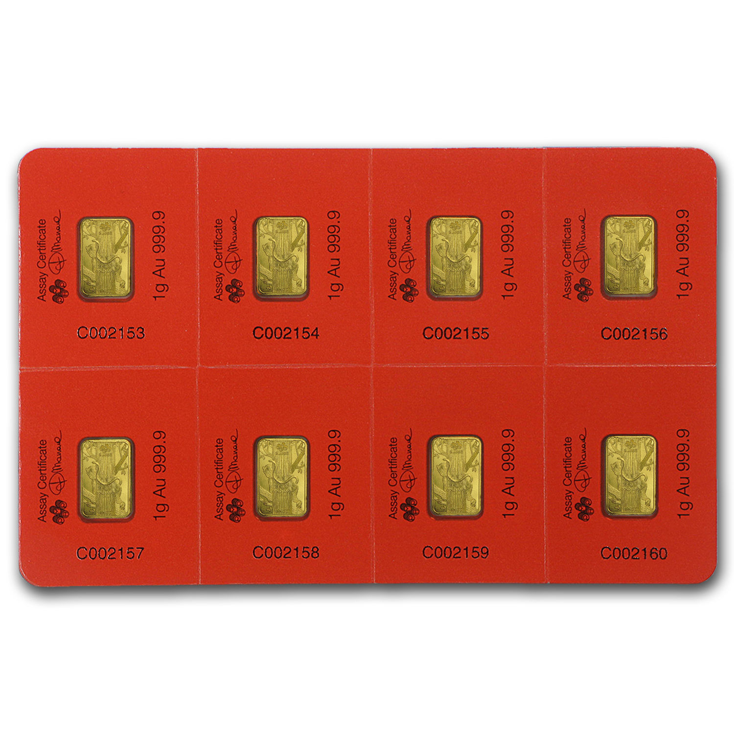 8x1 gram Gold Bar PAMP Suisse Lunar Monkey Multigram+8 (In Assay) - SKU #96833