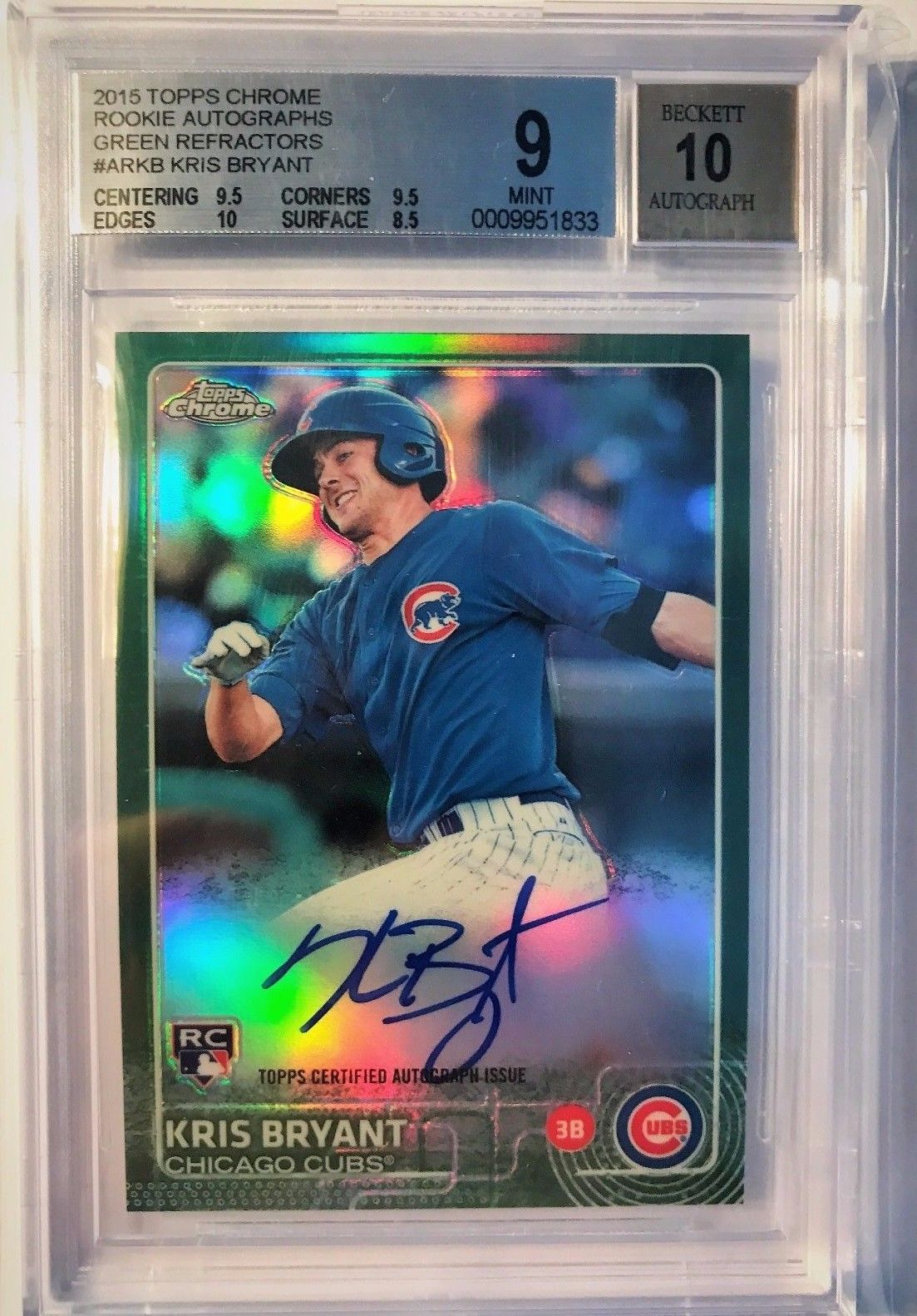2015 Topps Chrome Kris Bryant Green Refractor Auto Jersey # 17 / 99 RC 1/1 BGS 9