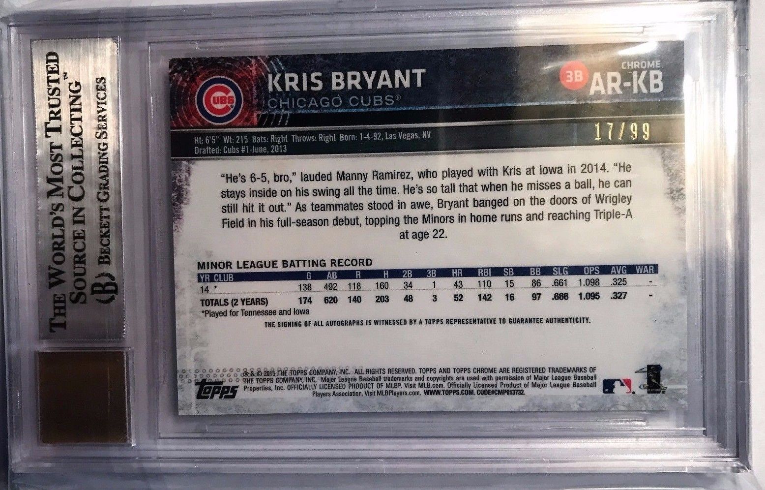 2015 Topps Chrome Kris Bryant Green Refractor Auto Jersey # 17 / 99 RC 1/1 BGS 9