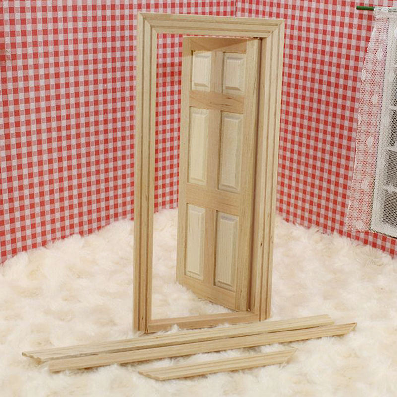 1/12 Dollhouse Miniature Unpainted Wooden Interior 6-Panel Door With Frame Gift