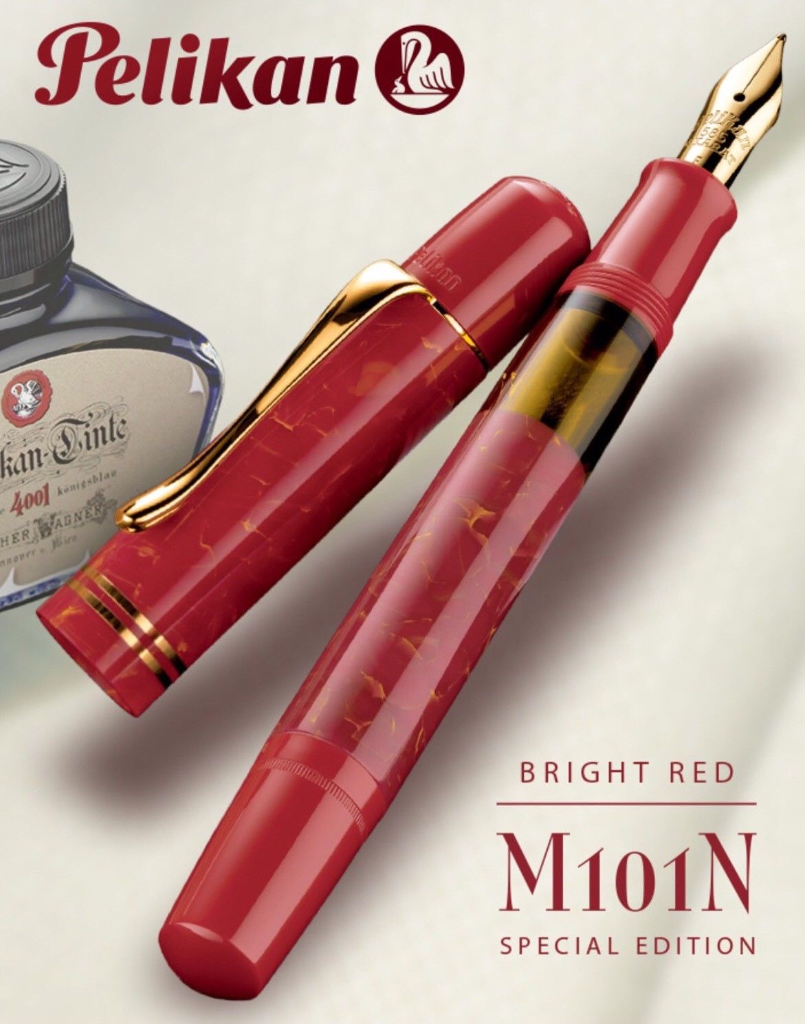 Pelikan M101N Bright Red Fountain Pen (F) Gift Set