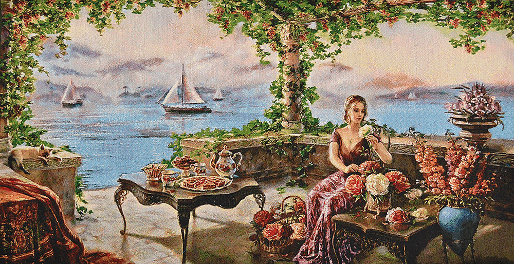 30" SILK & COTTON NEEDLEPOINT ART  WOVEN PAINTING TAPESTRY: COUNTESS AT SEASIDE