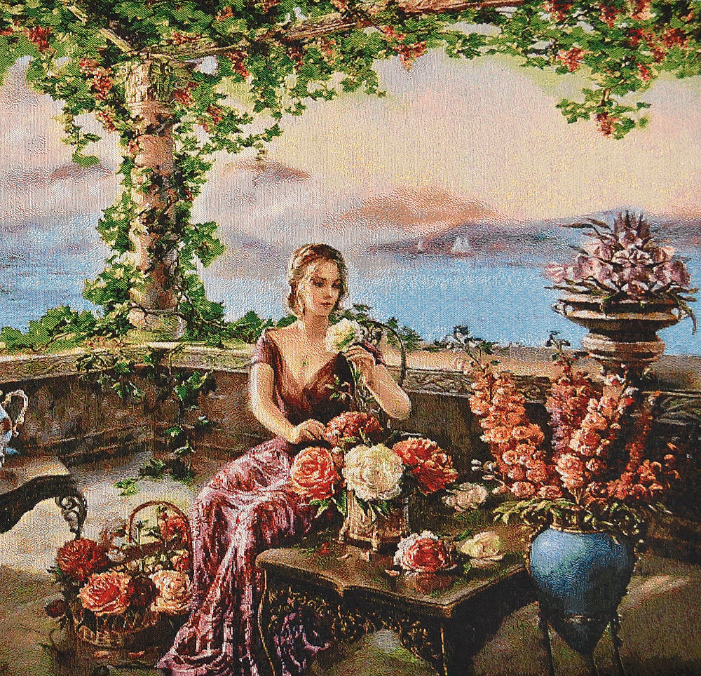 30" SILK & COTTON NEEDLEPOINT ART  WOVEN PAINTING TAPESTRY: COUNTESS AT SEASIDE