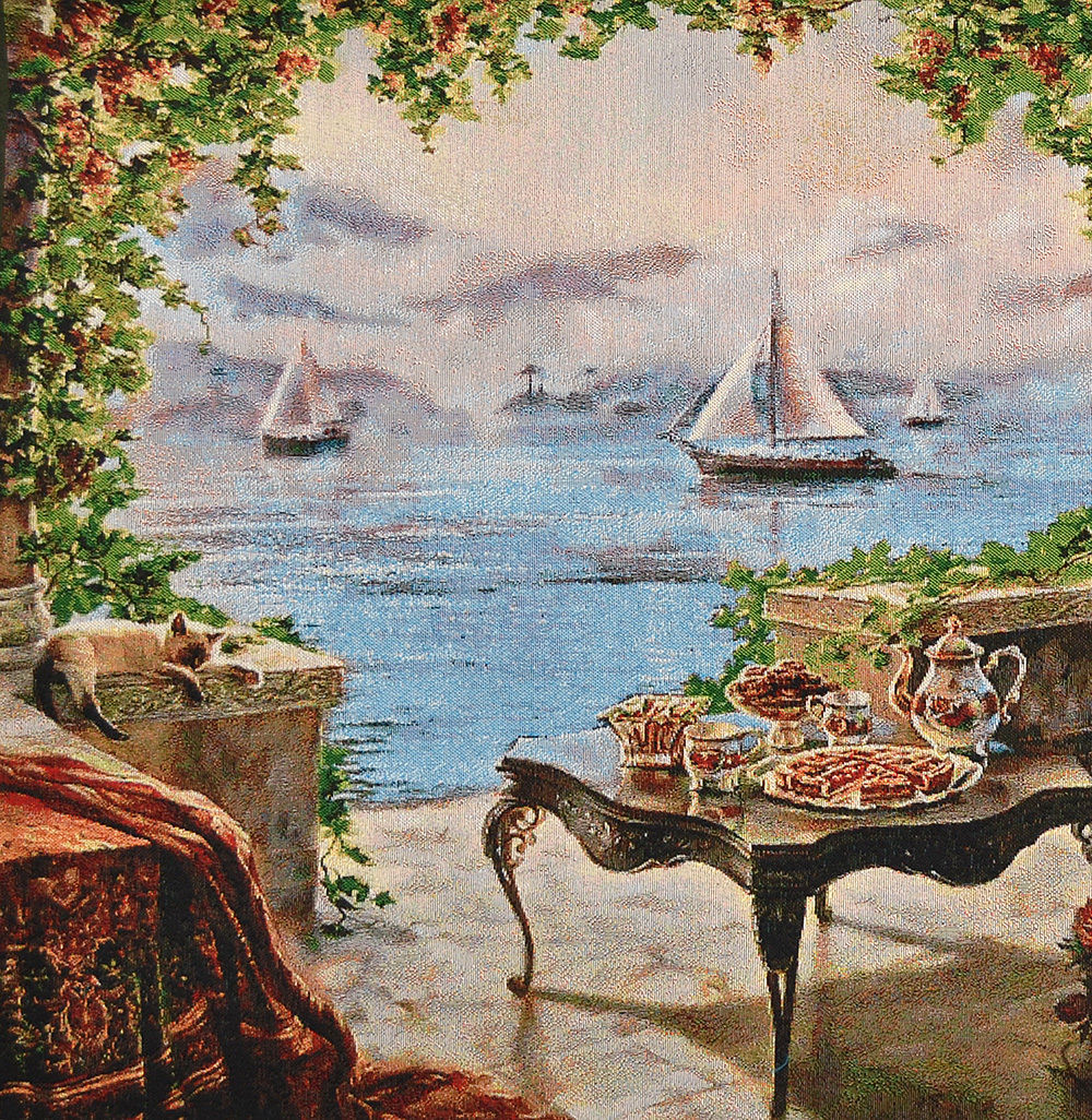 30" SILK & COTTON NEEDLEPOINT ART  WOVEN PAINTING TAPESTRY: COUNTESS AT SEASIDE