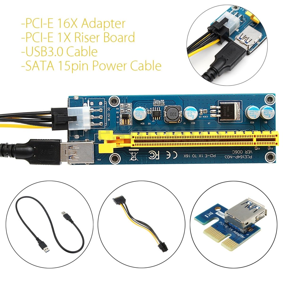 USB3.0 PCI-E 1x To16x Extender Riser Card Adapter Power Cable For ETH GPU Mining