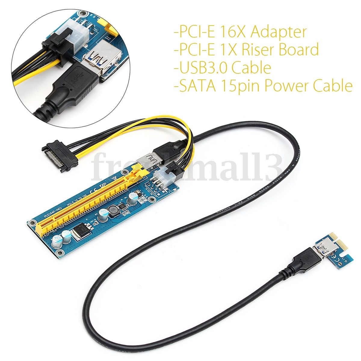 USB3.0 PCI-E 1x To16x Extender Riser Card Adapter Power Cable For ETH GPU Mining