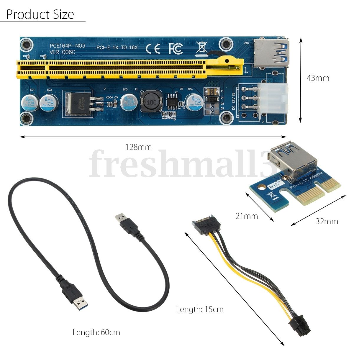 USB3.0 PCI-E 1x To16x Extender Riser Card Adapter Power Cable For ETH GPU Mining