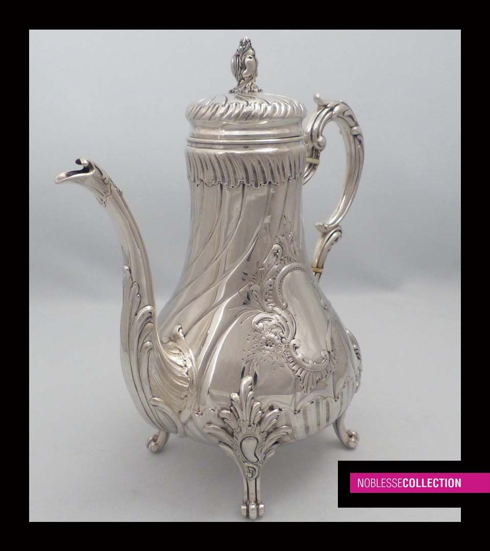 AMAZING ANTIQUE 1890s FRENCH ALL STERLING SILVER TEA & COFFEE POT SET 4pc Rococo