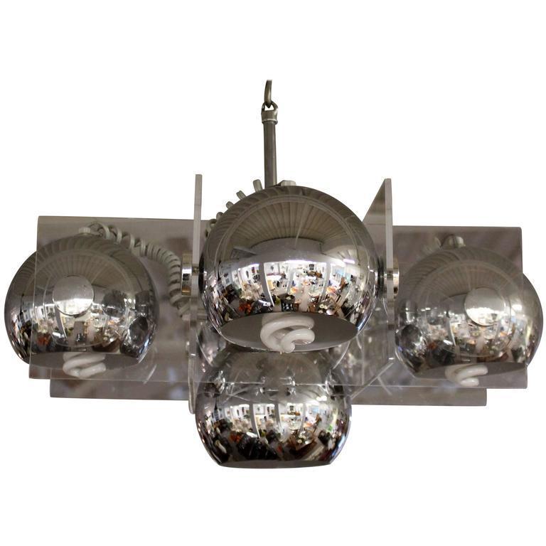 Mid Century Modern Mod Lucite & Chrome Cube Chandelier Ceiling Light Fixture