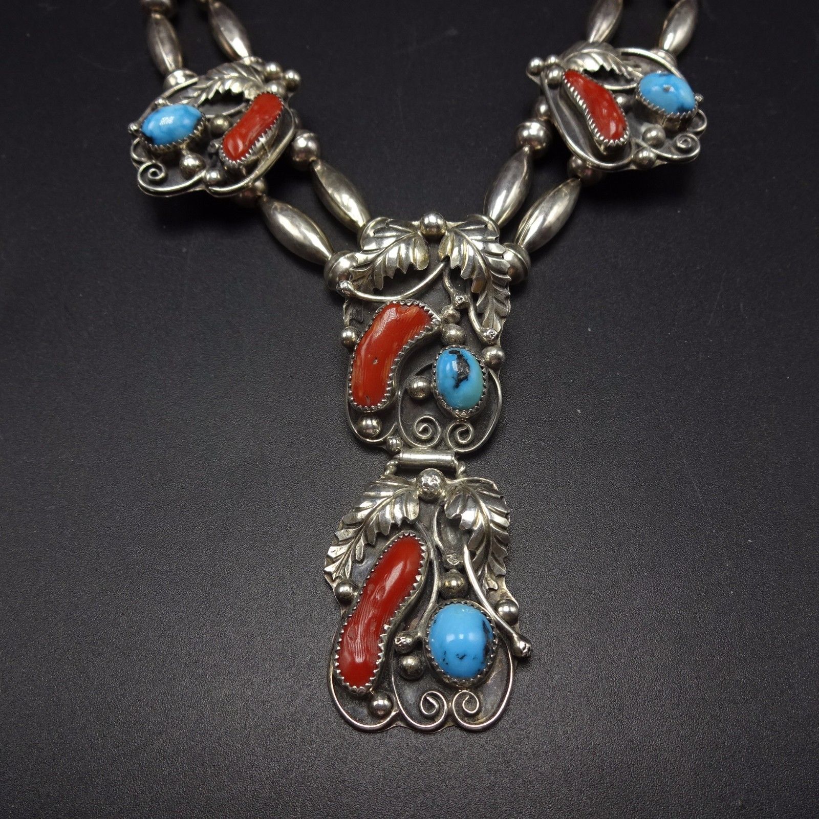 Vintage NAVAJO Sterling Silver CORAL & TURQUOISE Squash Blossom Style NECKLACE