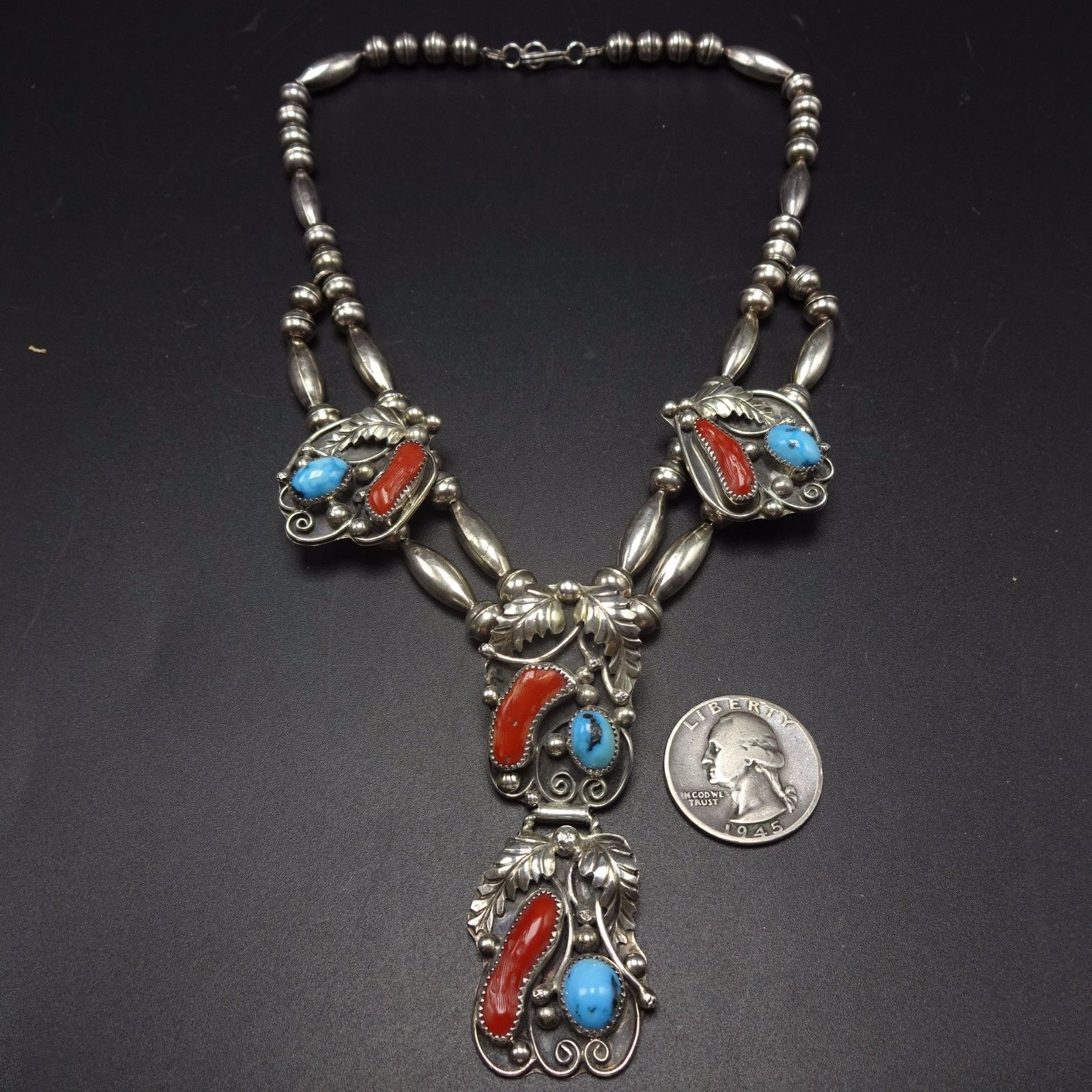 Vintage NAVAJO Sterling Silver CORAL & TURQUOISE Squash Blossom Style NECKLACE