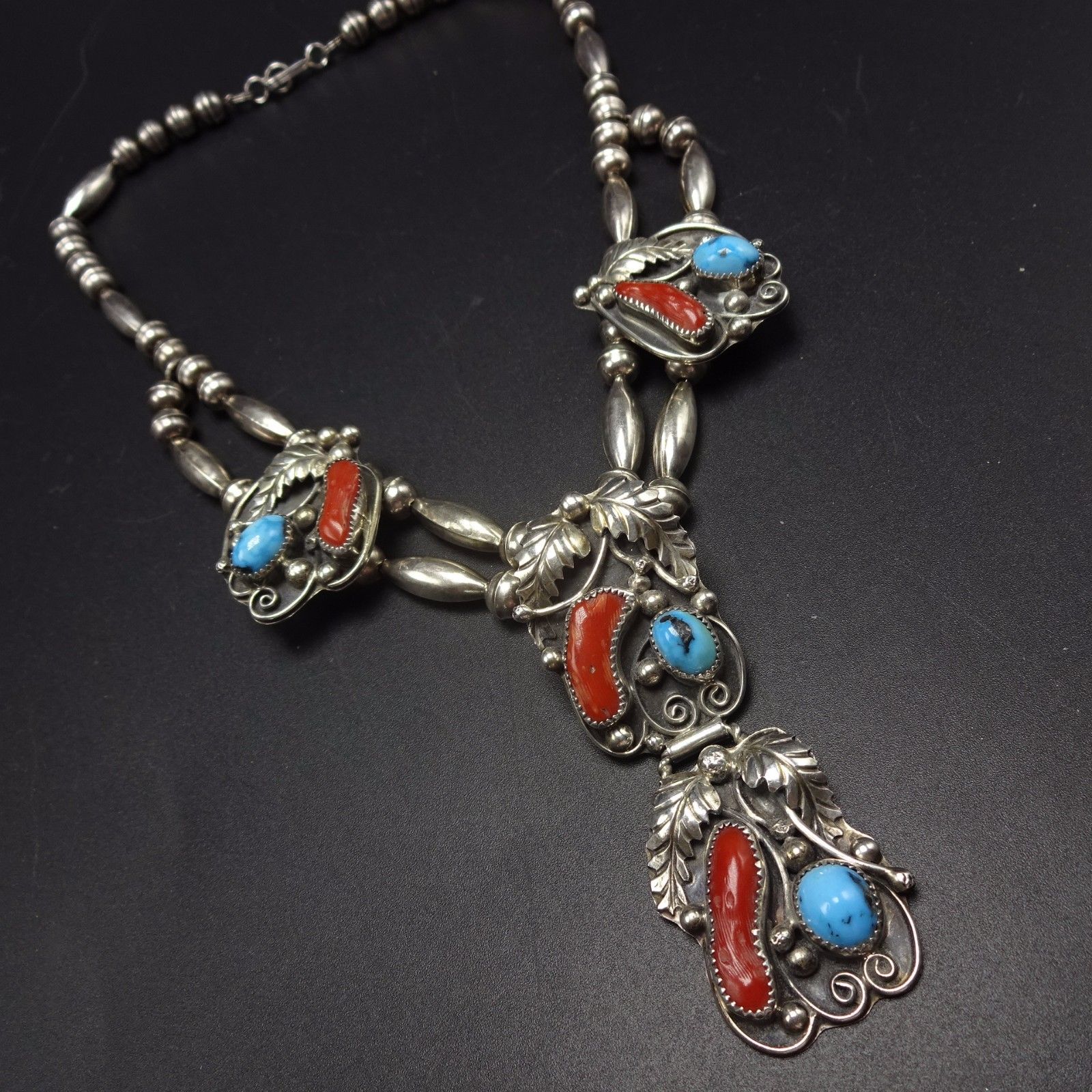 Vintage NAVAJO Sterling Silver CORAL & TURQUOISE Squash Blossom Style NECKLACE