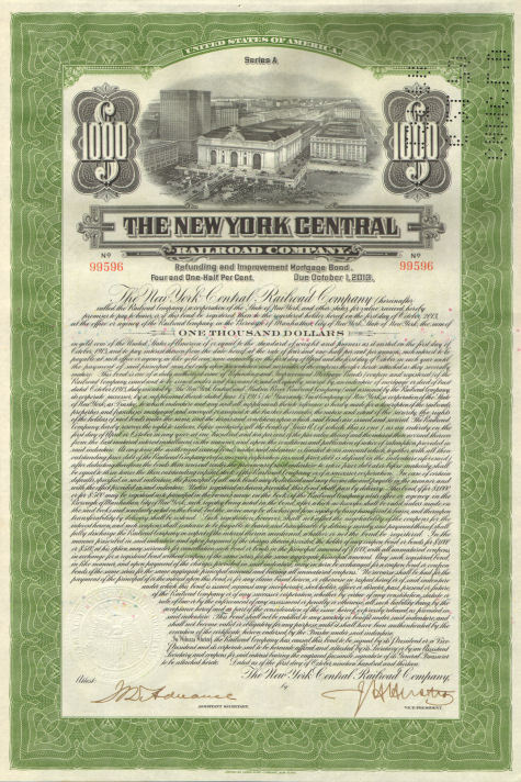 1913 New York Central Railroad > old bond certificate with coupons