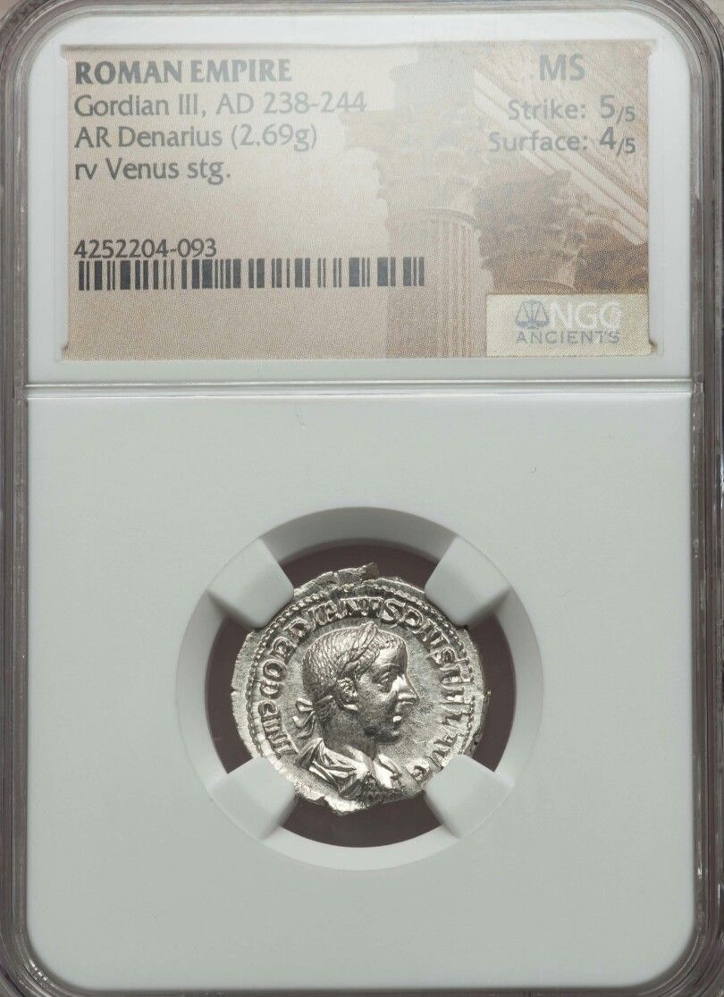 Roman Empire Gordian III Denarius NGC MS 5/4 Venus ancient silver coin