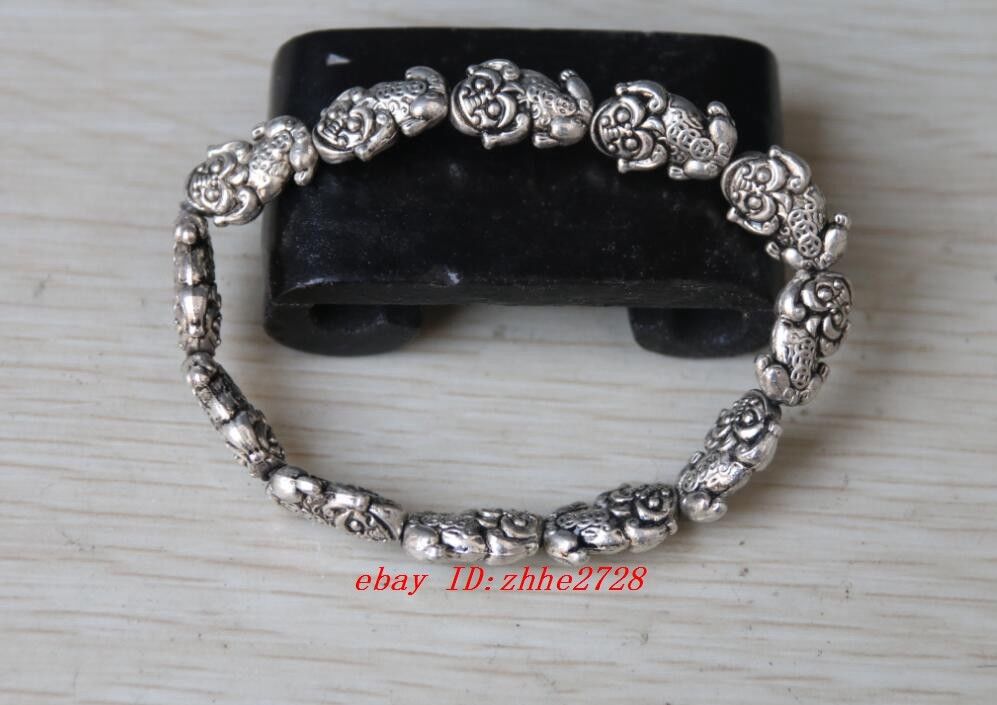 Tibet Silver Pixiu Chinese Old Handwork Amulet Elastic Bracelet