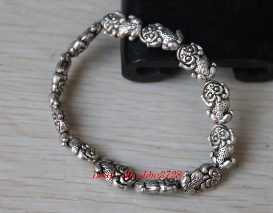 Tibet Silver Pixiu Chinese Old Handwork Amulet Elastic Bracelet