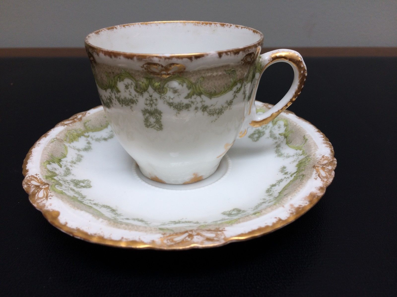 Theodore Haviland Limoge Porcelain Cup & Saucer Green Floral Swags Gold Bow Trim