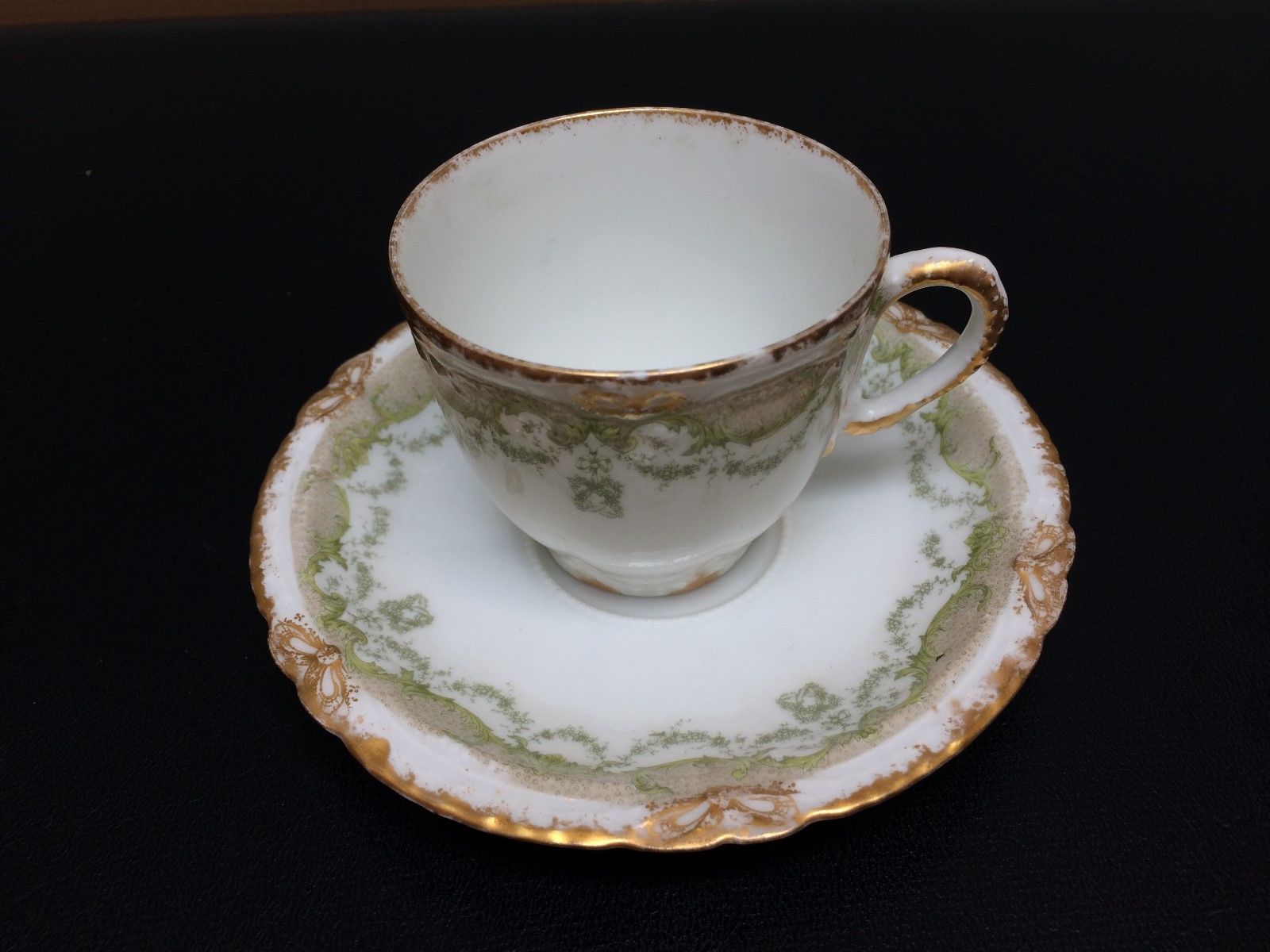 Theodore Haviland Limoge Porcelain Cup & Saucer Green Floral Swags Gold Bow Trim