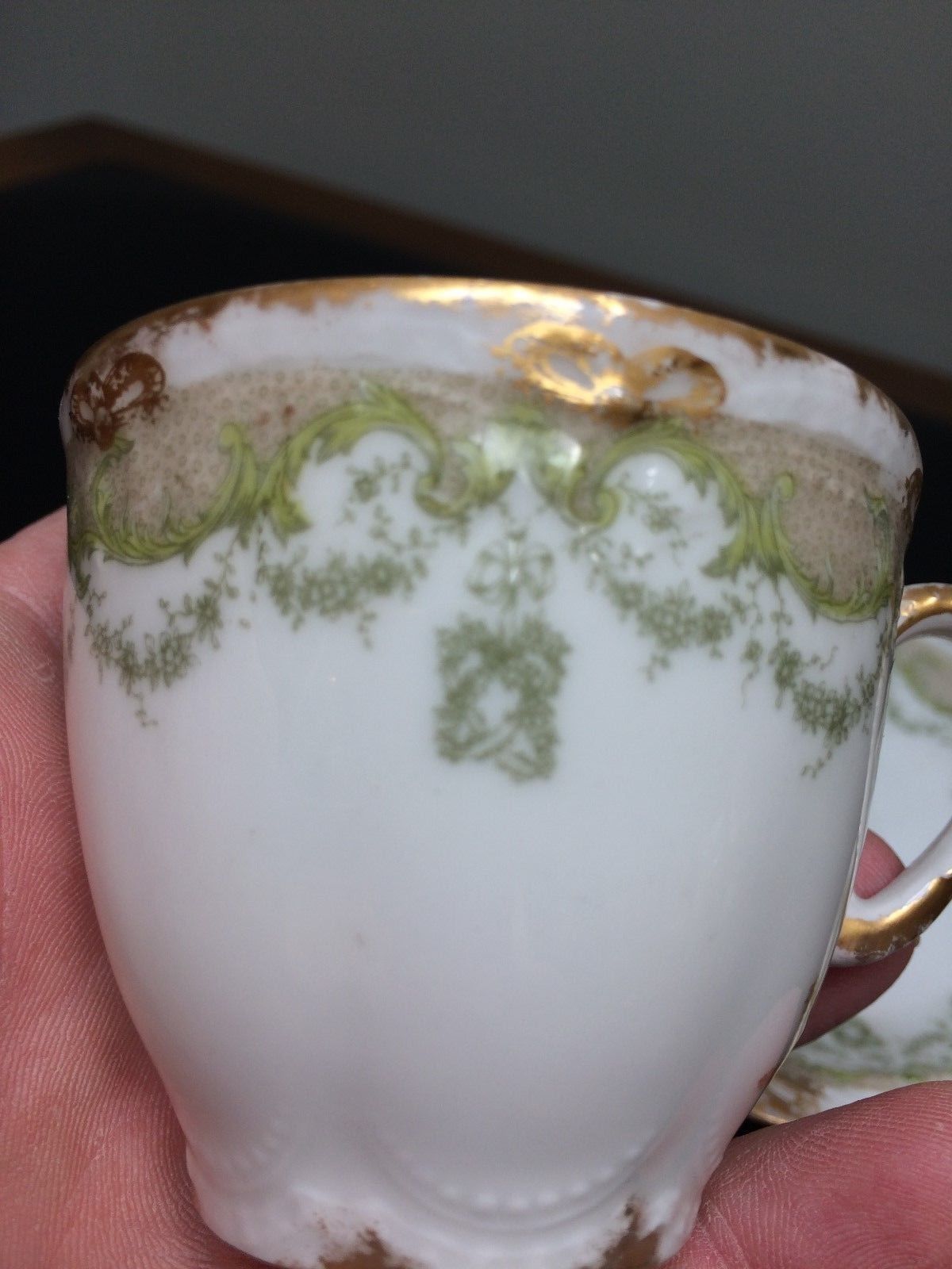 Theodore Haviland Limoge Porcelain Cup & Saucer Green Floral Swags Gold Bow Trim