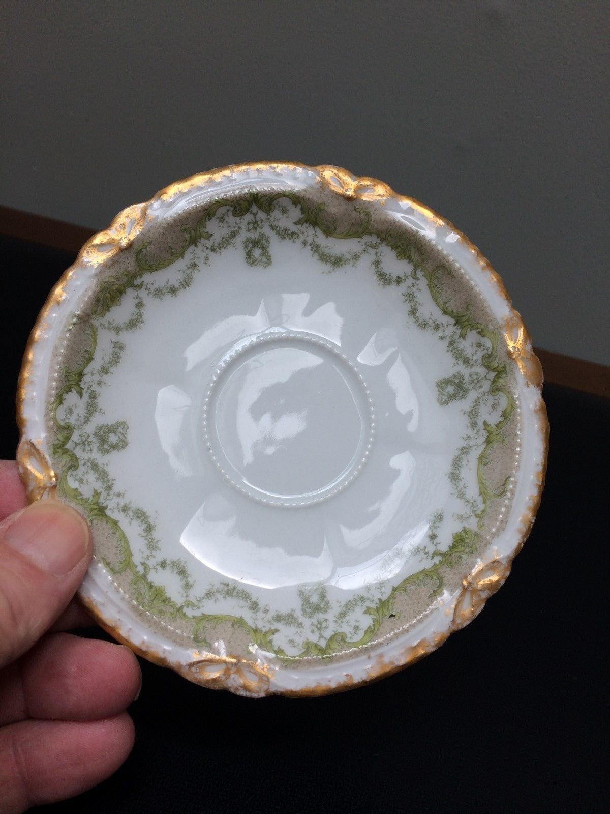 Theodore Haviland Limoge Porcelain Cup & Saucer Green Floral Swags Gold Bow Trim