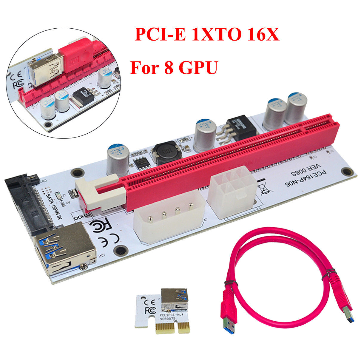USB 3.0 PCI-E Express 1X to16X Extender Riser Board Card Adapter For 8 GPU Miner