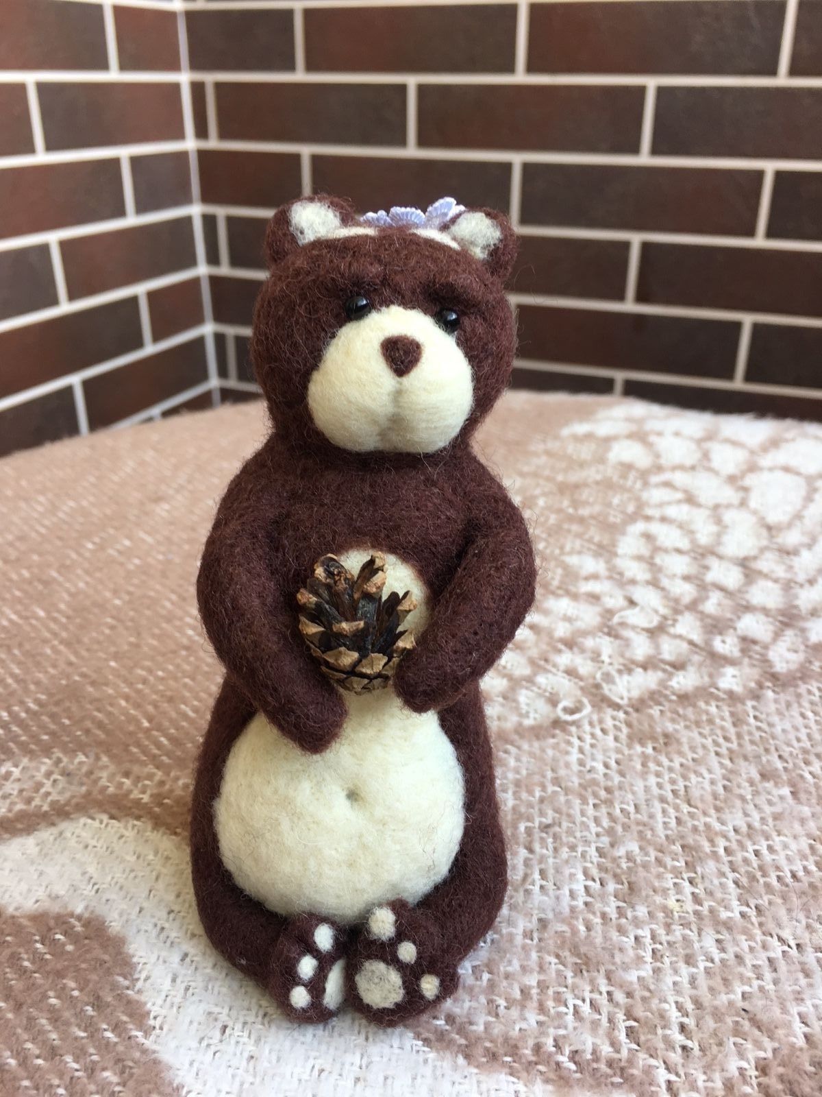 OOAK Handmade Felted Bear with a cone Wool Doll (Stuffed Animals)