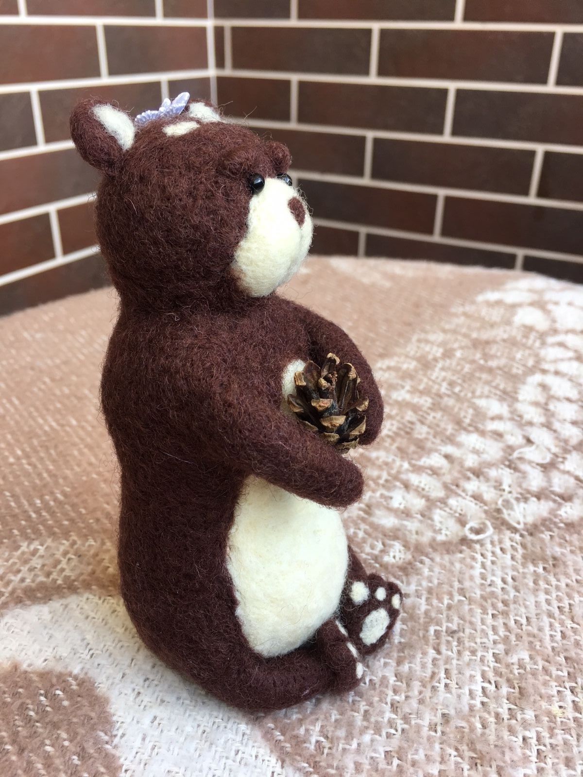 OOAK Handmade Felted Bear with a cone Wool Doll (Stuffed Animals)