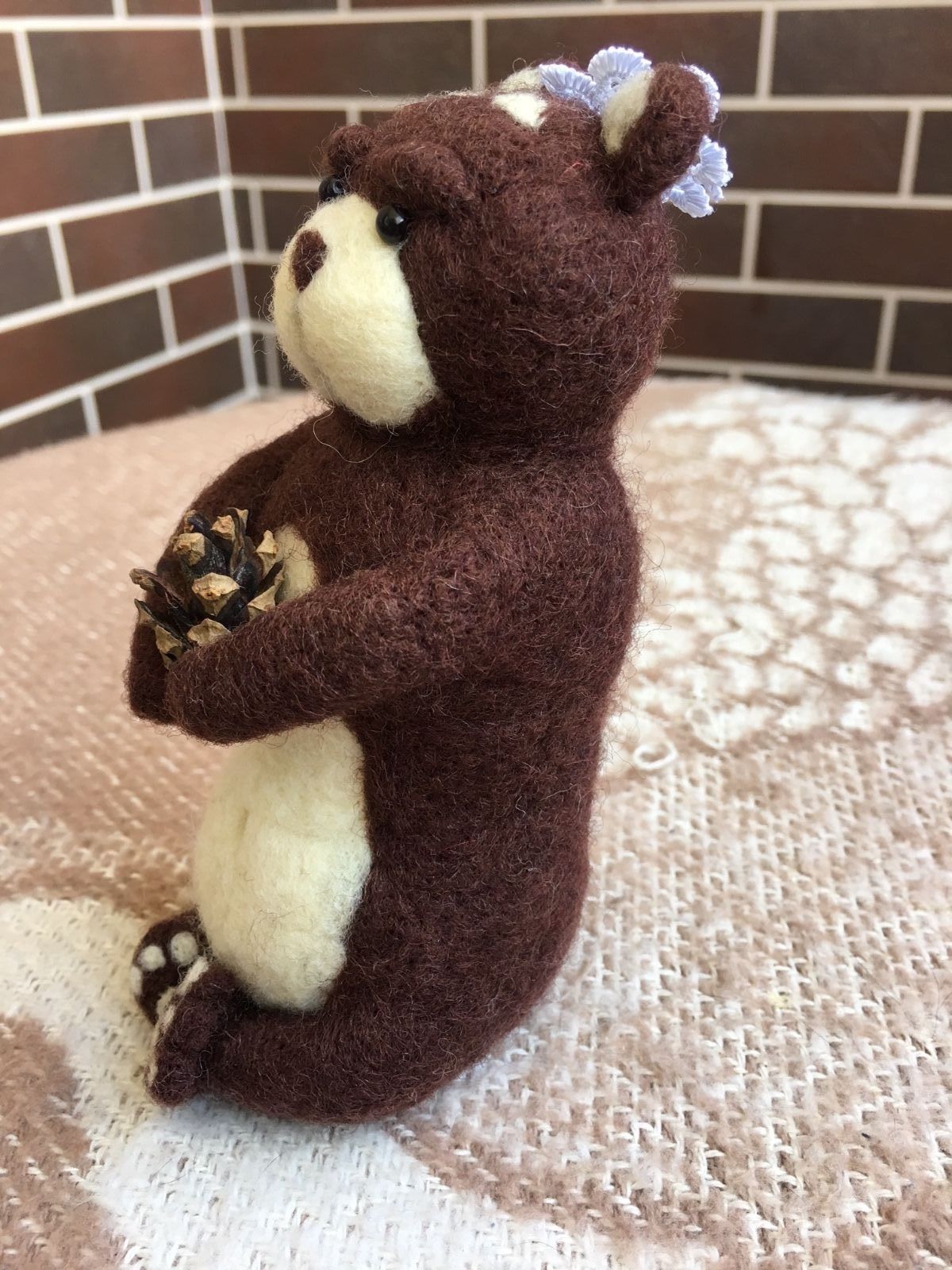 OOAK Handmade Felted Bear with a cone Wool Doll (Stuffed Animals)