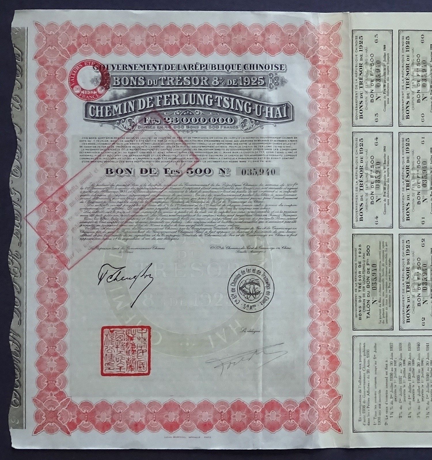 1925 China / Republique Chinoise: 8% Gold Treasury Bond, uncancelled & coupons