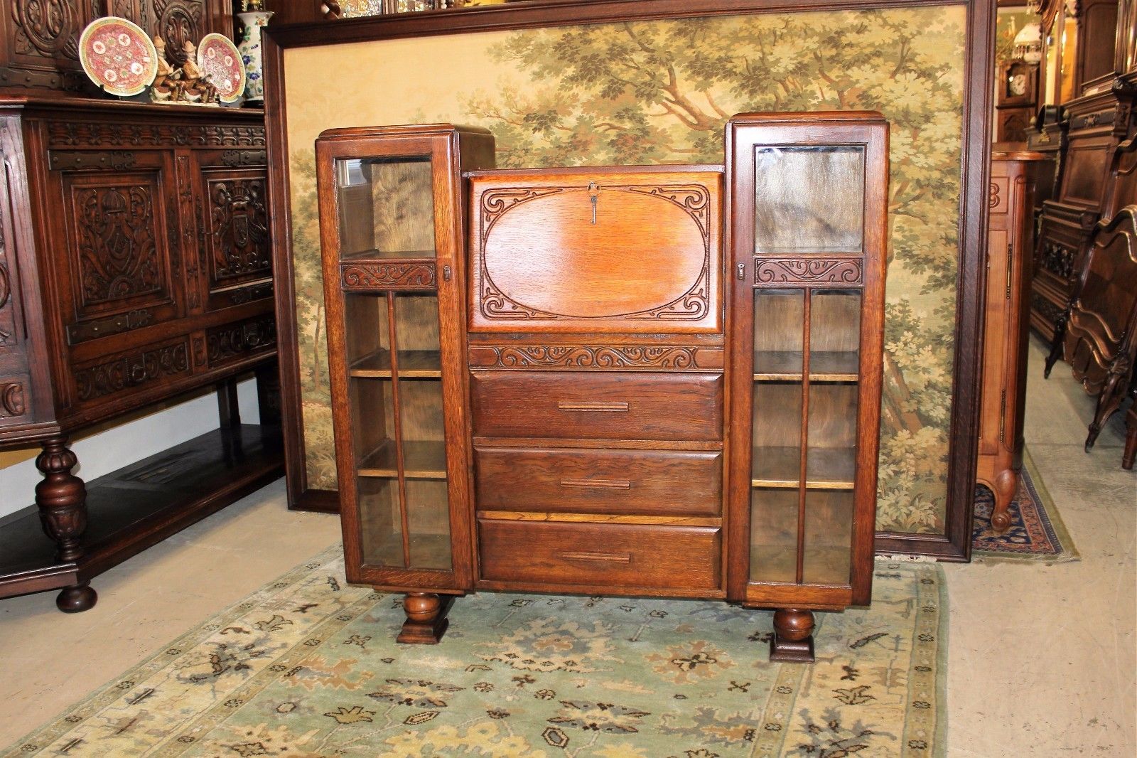 Beautiful English Antique Art Deco Oak Side By Side Bookcase / Front Drop Desk.