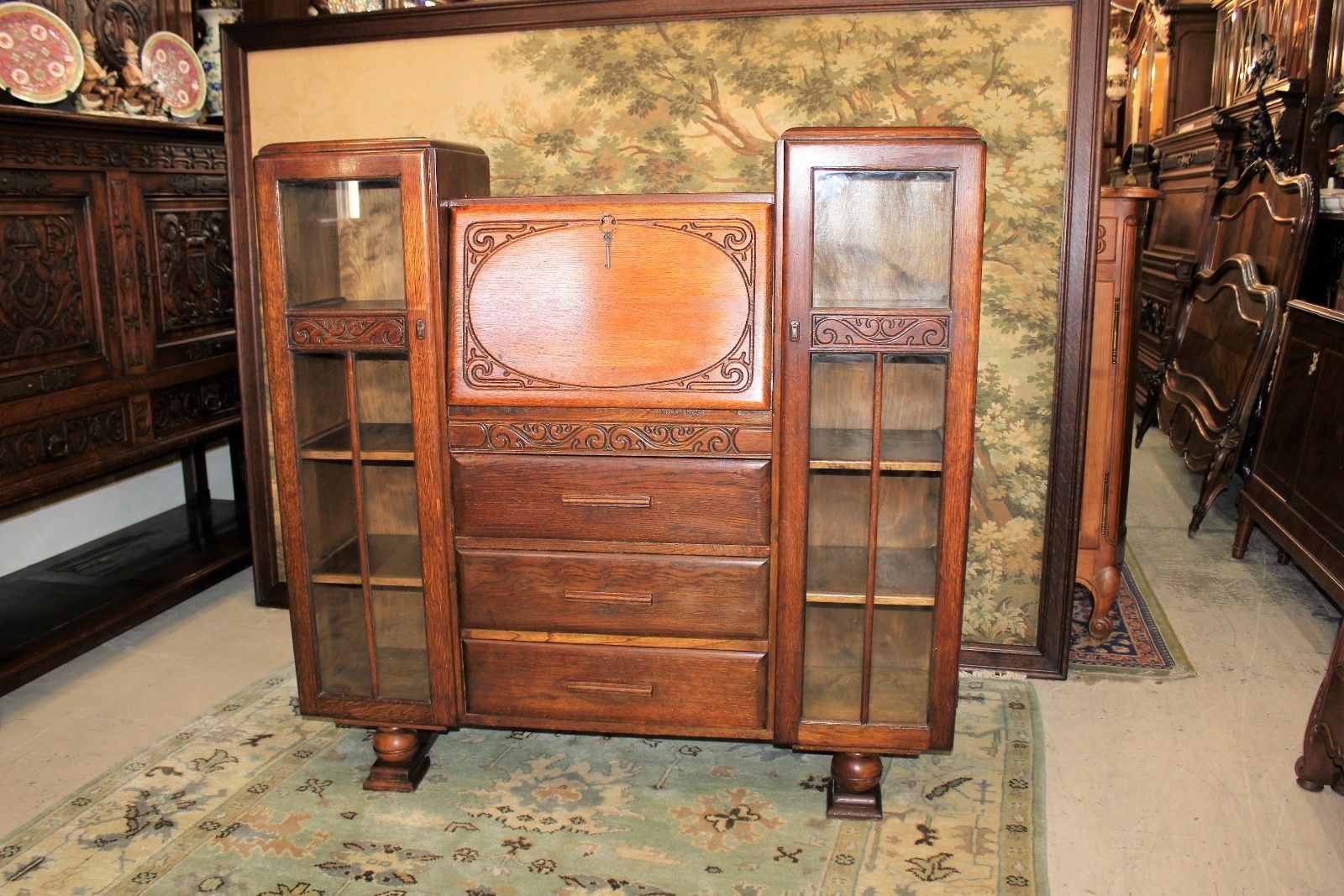 Beautiful English Antique Art Deco Oak Side By Side Bookcase / Front Drop Desk.