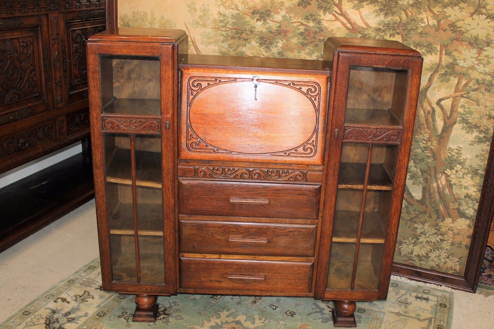 Beautiful English Antique Art Deco Oak Side By Side Bookcase / Front Drop Desk.