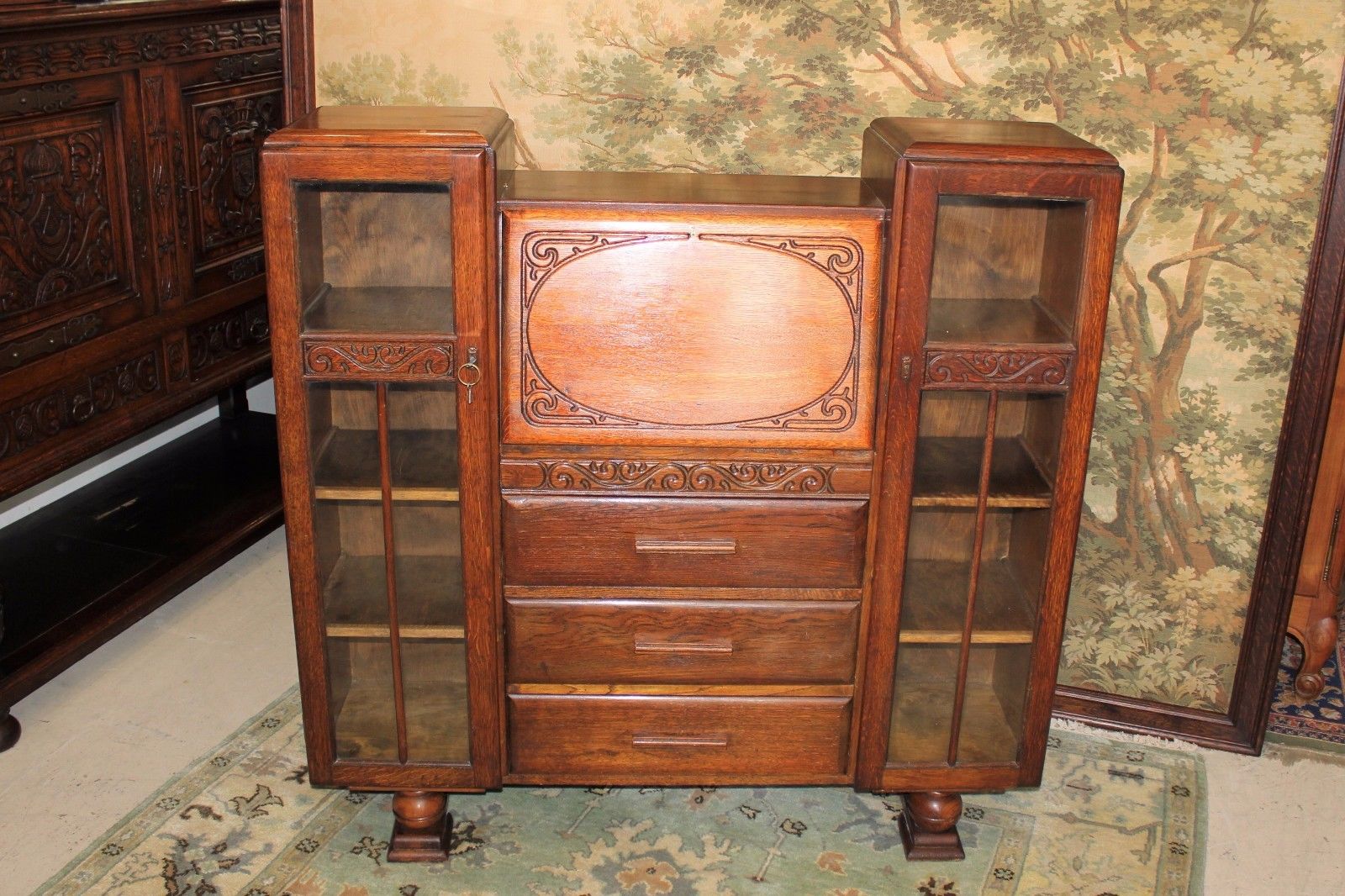 Beautiful English Antique Art Deco Oak Side By Side Bookcase / Front Drop Desk.