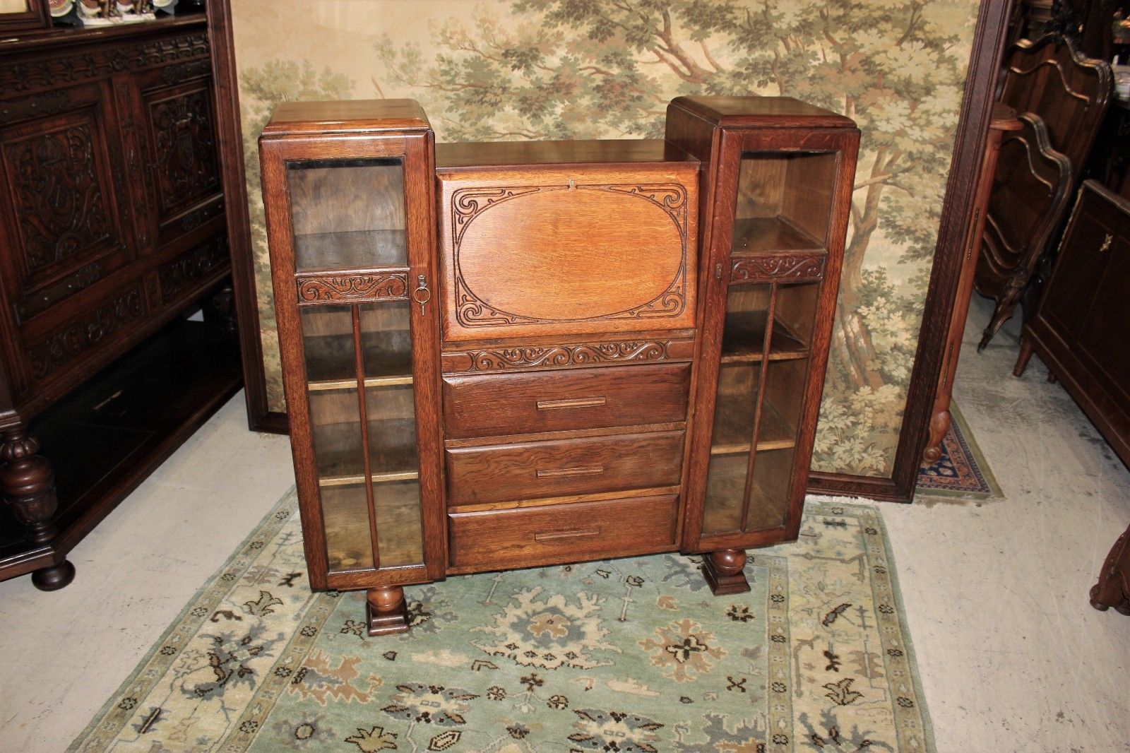 Beautiful English Antique Art Deco Oak Side By Side Bookcase / Front Drop Desk.