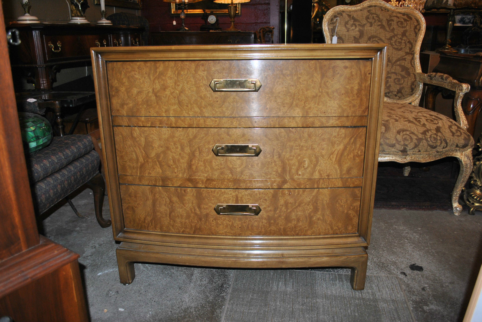 Mid-Century  Three Drawer Burled Wood Chest, Asian Influence